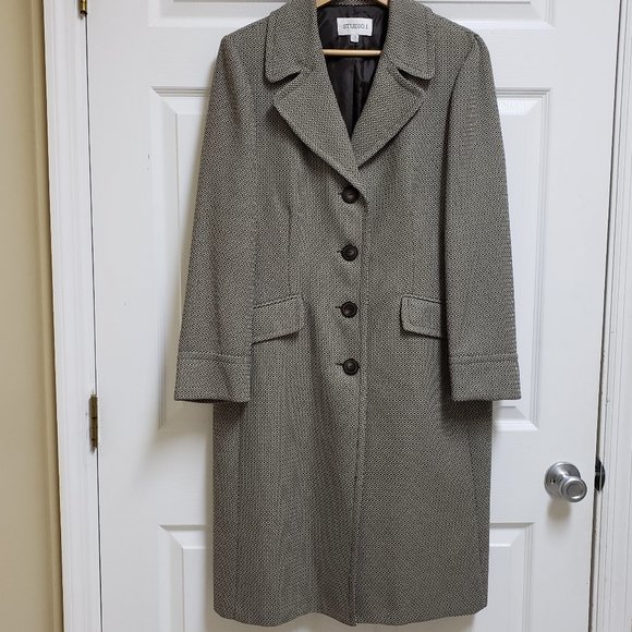 Studio 1 Jackets & Blazers - Studio 1 Women's 14 Brown Cream Geometric Lined 4 Button Front Long Over Coat